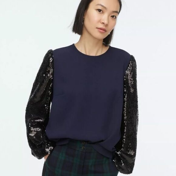 J. Crew Tops - J Crew Sequin Crepe Long Sleeve Blouse Navy Blue Black Small Holiday Festive New